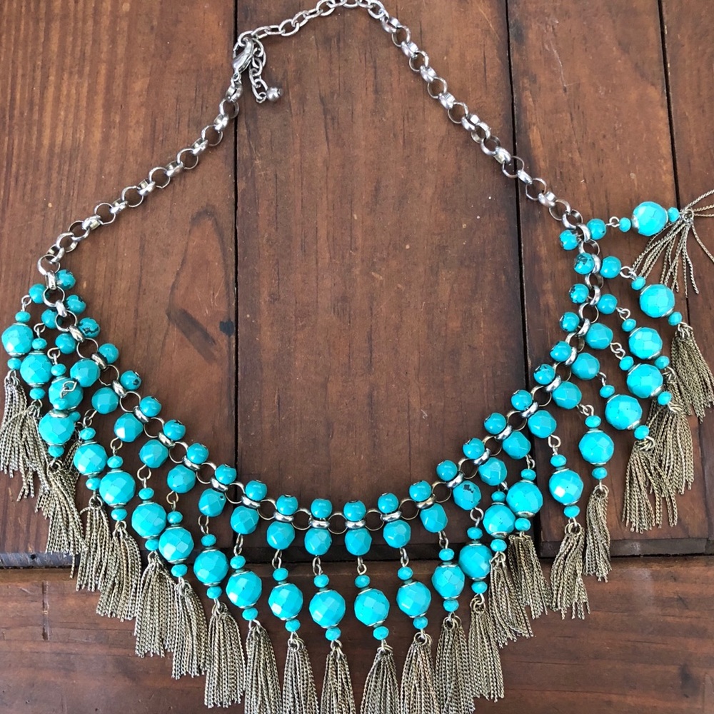 Fringe beaded tassel turquoise bib necklace